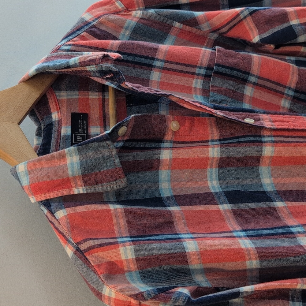 Gap Men's Large Linen Cotton Blend Long Sleeve Button Down Plaid Shirt